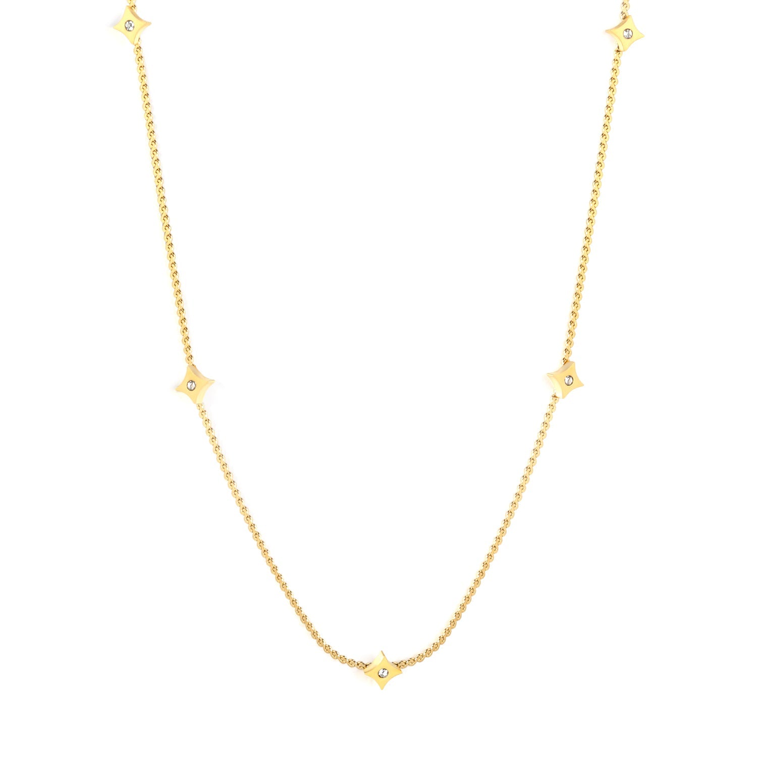 5.6mm Four-pointed Star Sticky White Zirconium Accessory 1.1mm S Chain*40+5cm+6mm Round Plaque Necklace Golden asonjewelry